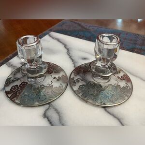 Pair Of Vintage/Antique Footed  Crystal Candlesticks Silver Overlay filigree